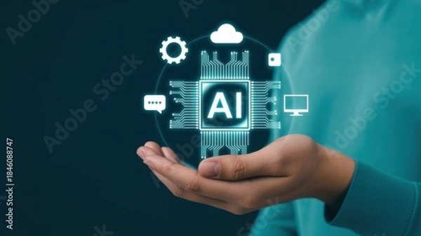 Obraz The Future of AI: A person's hand gracefully cradles a holographic representation of the powerful AI abbreviation, symbolizing the dawn of technological innovation and artificial intelligence. 