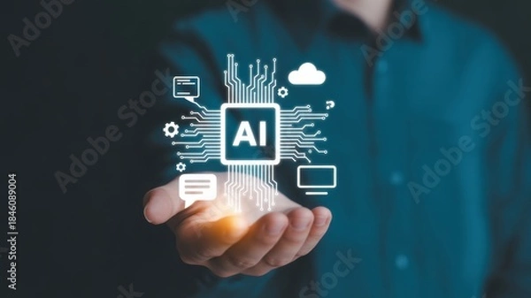 Obraz AI technology in hand: A person's hand delicately cradles a digital AI system, highlighting the seamless integration of artificial intelligence into the everyday.