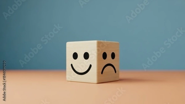 Obraz Smiling & Frowning: Depicting duality, a wooden block presents both a cheerful and a sad face, highlighting the spectrum of emotions, representing happiness and sadness.