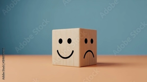 Obraz Wooden Cube Representing Emotion: A single wooden cube is displayed, its faces adorned with contrasting expressions of joy and sadness, sitting atop a muted surface.
