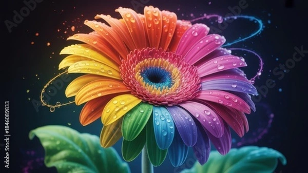 Obraz Vibrant Floral Fantasy: A breathtaking gerbera daisy bursts forth in a dazzling display of rainbow hues, its petals meticulously crafted to capture the eye.
