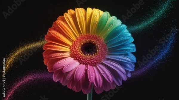 Obraz Colorful Daisy: A vibrant daisy unfolds in a mesmerizing display of colors, its petals radiating a spectrum of hues against a dark background, a symbol of beauty and nature's artistry.