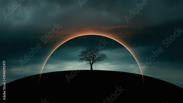 Obraz Mystical Landscape: A solitary tree stands against a dramatic sky with a surreal circular glow, evoking a sense of wonder and the unknown. 