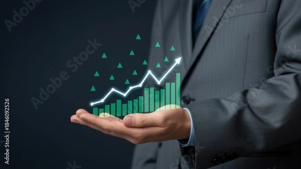 Obraz Business Growth: A person in a suit, offering a dynamic display of business growth, with a rising graph projecting success.