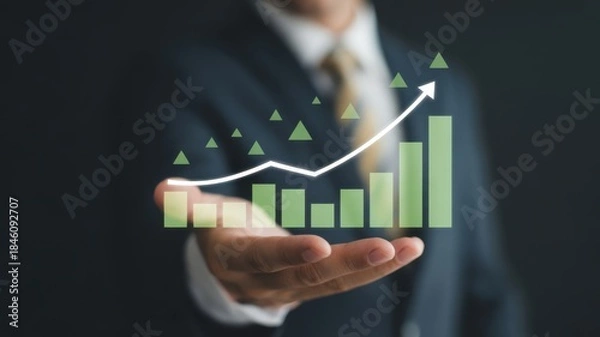 Obraz Business Growth Vision: A suited professional cradles a vibrant graphic of escalating success, symbolizing growth, progress, and financial achievement.