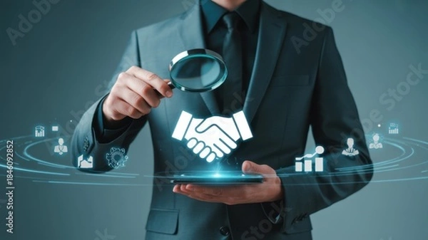 Obraz Business Deal Assessment: A poised professional examines a business deal through a magnifying glass, set against a futuristic digital interface