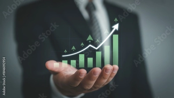 Obraz Corporate Growth Trajectory: A business professional displays a dynamic upward growth graph, symbolizing business development, financial prosperity and corporate evolution. 
