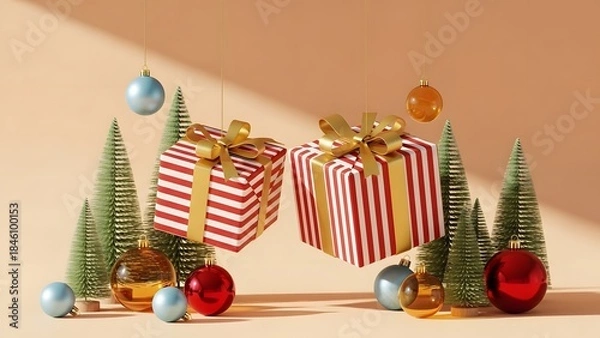 Fototapeta Two floating christmas gift boxes with miniature pine trees and ornaments
