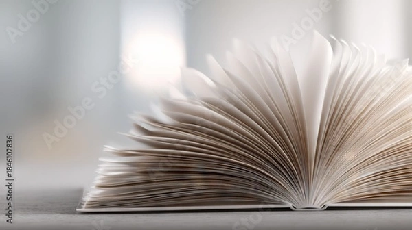 Fototapeta Open book with fanned pages on bright desk symbolizing education, knowledge and inspiring fresh start