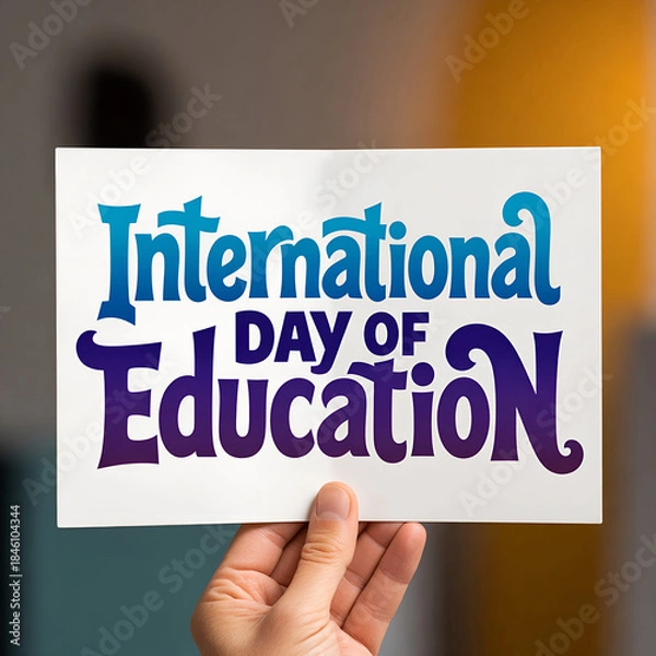 Obraz International Day of Education global awareness card held by hand promoting inclusive learning peace development and literacy for all generations