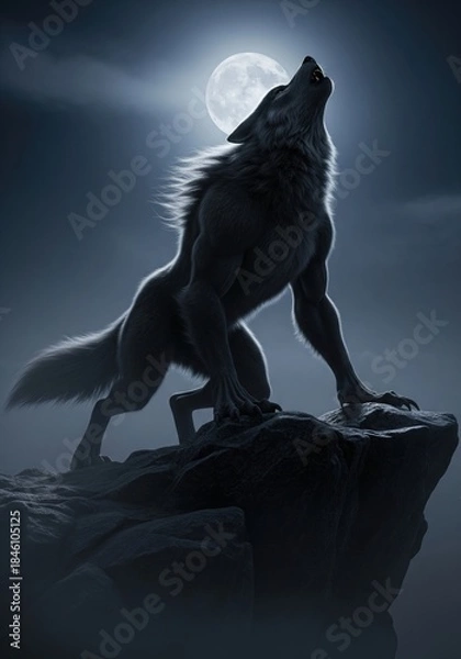 Fototapeta Howling Werewolf Silhouette on Cliff Under Full Moon