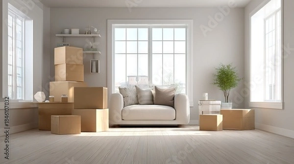 Fototapeta Bright living room with sofa, boxes and plant symbolizing moving, home reset and fresh minimalist lifestyle