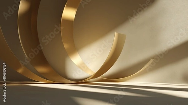 Fototapeta Golden light and shadows with metallic arcs in abstract interior space symbolizing time, motion and celebration