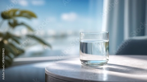 Fototapeta Glass of water on round table by window symbolizing simple wellness habit and balanced lifestyle