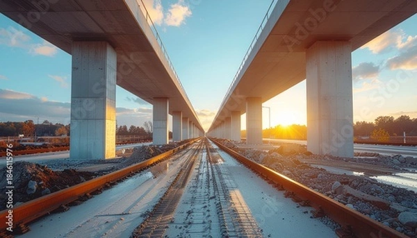 Fototapeta Elevated Railway Construction at Golden Hour with New Tracks and Concrete Supports