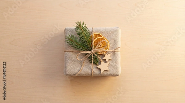 Obraz エコでおしゃれな風呂敷ギフトラッピングの俯瞰フラットレイ自然素材クリスマスプレゼント背景コピースペース-生成AI