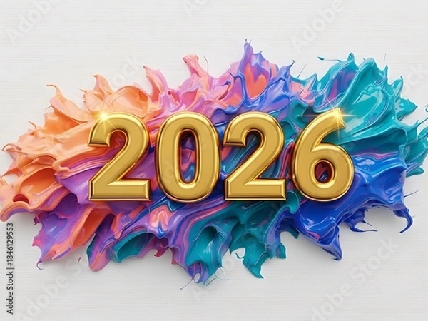 Fototapeta Golden 3d numbers 2026 emerging from colorful paint splash on white wood texture