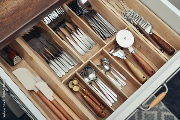 Obraz Bamboo organizer with cutlery in kitchen drawer
