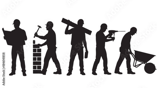 Obraz Construction Workers Silhouettes Performing Various Tasks Isolated on White