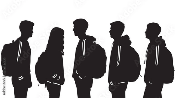 Obraz Group of Young People with Backpacks Standing Together Isolated on White Background