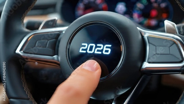Obraz Futuristic car dashboard with digital 2026 button