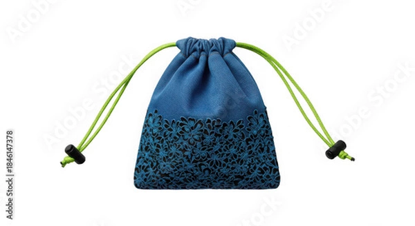 Fototapeta Vibrant blue drawstring bag with green accents isolated on a transparent background