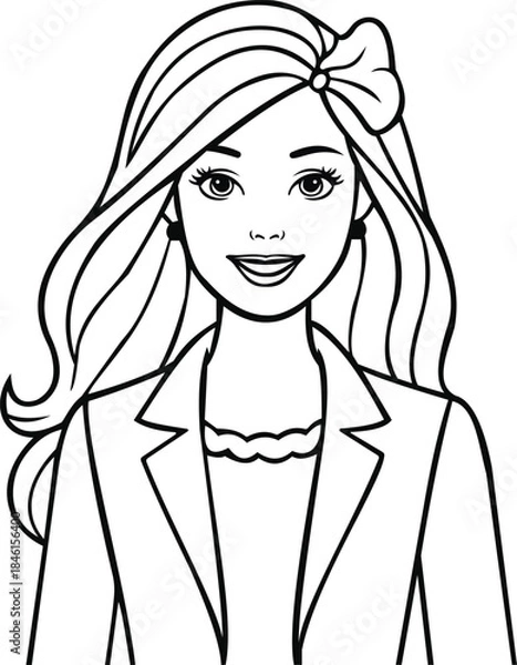 Fototapeta This delightful coloring page features a stylish fashion doll with long, flowing hair and a cheerful smile. Dressed in a trendy outfit, complete with a bow, this illustration invites creativity and im