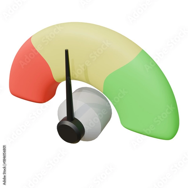 Obraz A 3D speedometer with a black needle pointing to yellow, flanked by red and green, under soft, diffused light, creating a neutral mood.
