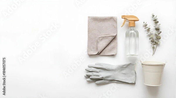 Obraz 年末大掃除キャンペーンに使える白背景のミニマル清掃ツール俯瞰フラットレイ、テキスト用コピースペース広め、清潔感のある冬の生活イメージ -生成AI