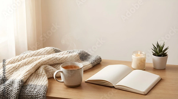 Obraz 冬のセルフケアとメンタルヘルスを表現する温かい室内デスクの静物、ハーブティーと日記とブランケット、広告に使える広いコピースペース付き -生成AI