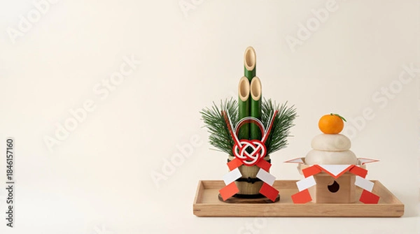 Obraz 現代ミニマルなお正月和風静物セット（門松と鏡餅と紅白小物）、年賀状や新年キャンペーンに使える余白たっぷりのスタジオ撮影風 -生成AI