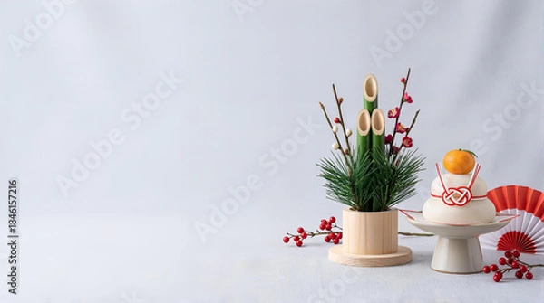Obraz 現代ミニマルなお正月和風静物セット（門松と鏡餅と紅白小物）、年賀状や新年キャンペーンに使える余白たっぷりのスタジオ撮影風 -生成AI