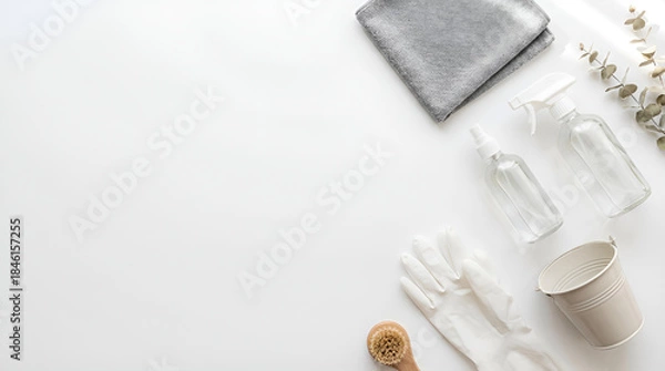 Obraz 年末大掃除キャンペーンに使える白背景のミニマル清掃ツール俯瞰フラットレイ、テキスト用コピースペース広め、清潔感のある冬の生活イメージ -生成AI