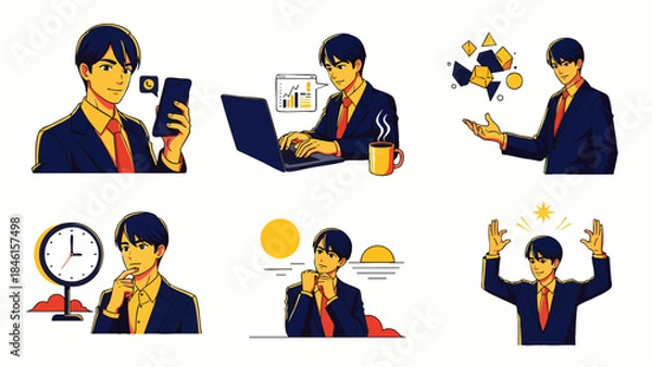 Obraz Businessman in various actions: working on laptop, using smartphone, thinking, and celebrating success