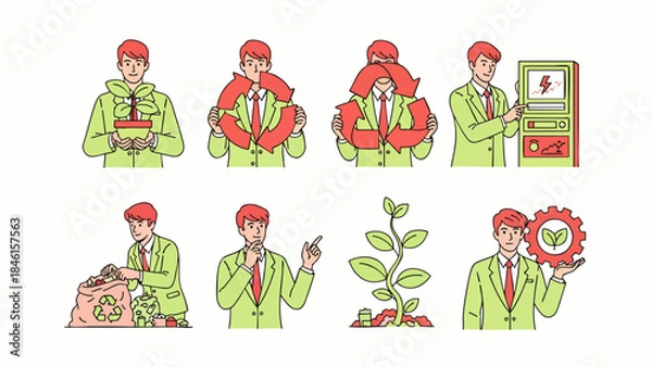 Obraz Man demonstrates eco-friendly practices: recycling, planting, sustainable energy, and environmental care