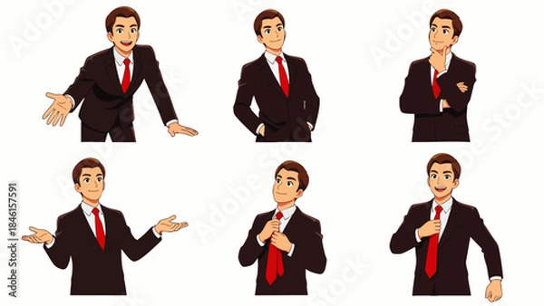 Obraz Set of six cartoon illustrations of a businessman in a suit and tie, showing different poses and expressions for business concepts.