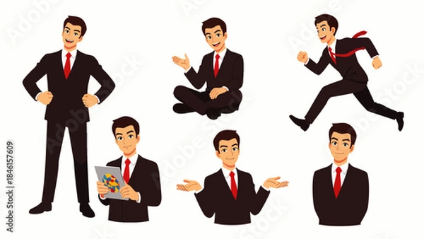 Obraz Businessman in Suit Poses: Standing, Sitting, Running, Reading, Shrugging, and Posing Confidently