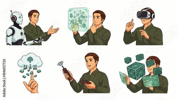 Obraz Illustrations of future technology concepts: AI, VR, AR, cloud computing, IoT, and human interaction. Digital innovation, advanced solutions.