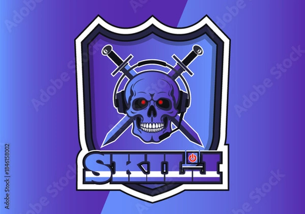 Obraz Vector graphic purple emblem. Computer electronic team crest. Shield, crossed swords, human skull, gaming headset with microphone. Skill. Sticker or label. Headphone