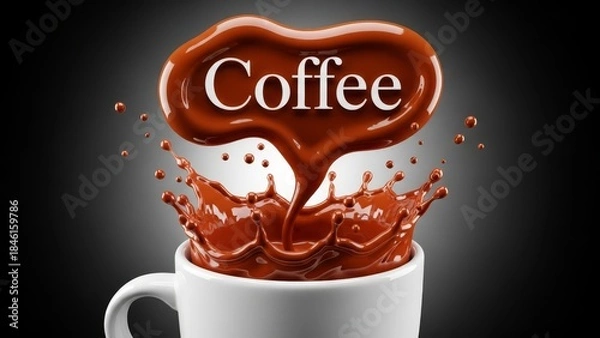 Fototapeta Rich brown coffee liquid splashing dramatically from a white mug with the word coffee stylized above in glossy chocolate