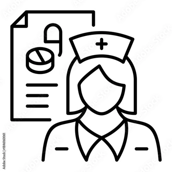 Obraz Healthcare Professional Reviewing Patient Medical Records and Medication Prescription Line Icon. Symbolizing prescription management, patient data, pharmacy services, and administrative healthcare.