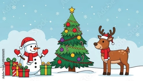 Fototapeta Adorable cartoon snowman and reindeer stand beside a decorated Christmas tree surrounded by wrapped presents in a snowy winter scene