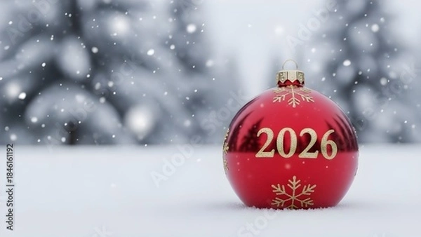 Obraz Red christmas ornament with golden 2026 text standing in snow against blurred snowy forest background with falling snowflakes