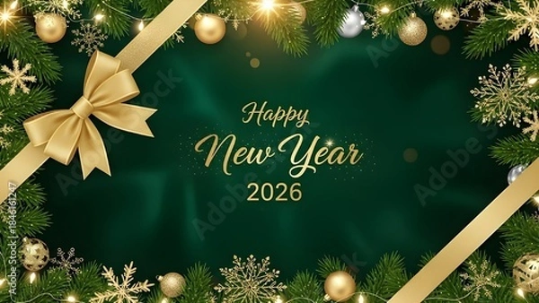 Obraz Happy new year 2026 festive background with green fir branches golden ornaments snowflakes and decorative ribbon bow