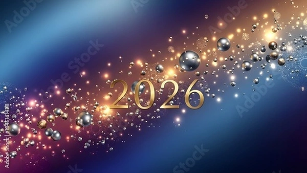 Obraz Golden 2026 numbers floating amidst shimmering silver and gold spheres and glitter on a dynamic blue and purple gradient background