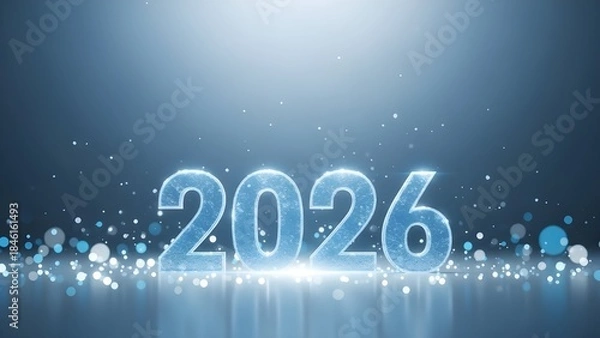 Obraz Glowing 2026 numbers with abstract light particles and bokeh effects on a serene blue background, symbolizing a fresh start