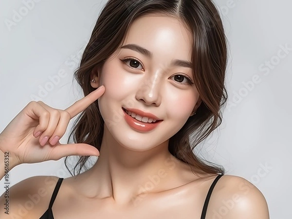 Obraz 美しいアジア人女性の潤いのある美肌を表現した美容ポートレート。スキンケア・コスメ・ナチュラルメイク・ビューティーイメージ