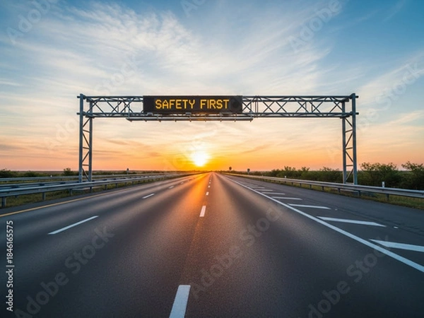 Obraz Empty Highway at Sunrise with “Safety First” Digital Sign