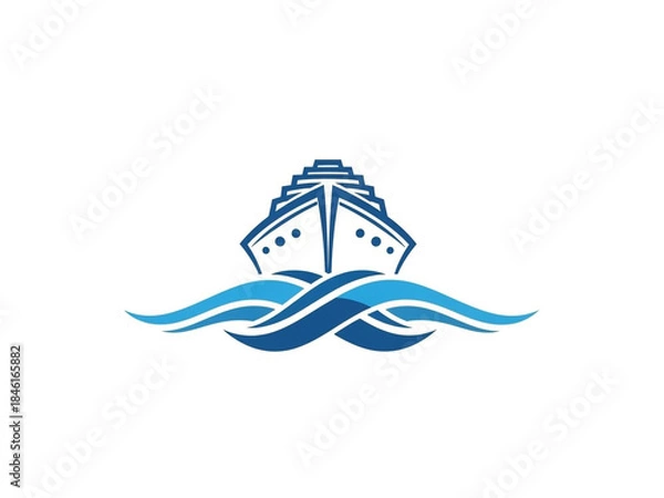 Obraz Stylized Ship Icon Sailing on Curved Blue Waves