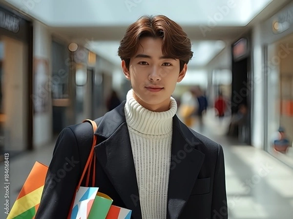 Obraz ショッピングバッグを持つアジア人男性。ショッピングモールでの買い物シーンを表現したスタイリッシュで広告向けのイラスト
